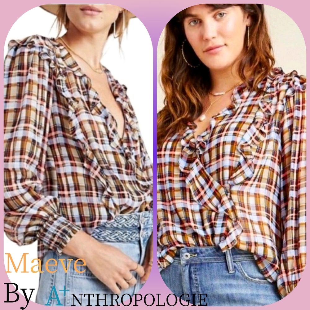 Anthropologie Maeve Plaid Ruffle Wrap Top